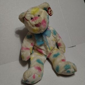 Vintage Beanie Baby Kissme.Ty Multicolor Plush Bear with Blue Bow